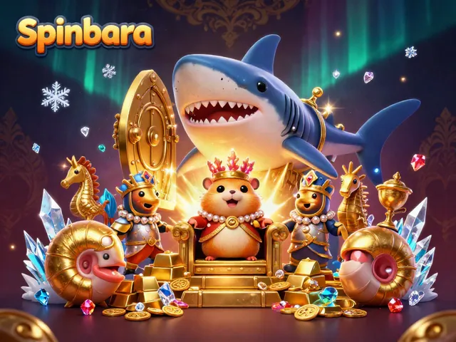 Spinbara's fierce golden hamster king reigning on a megalodon shark throne amidst bursting treasures.