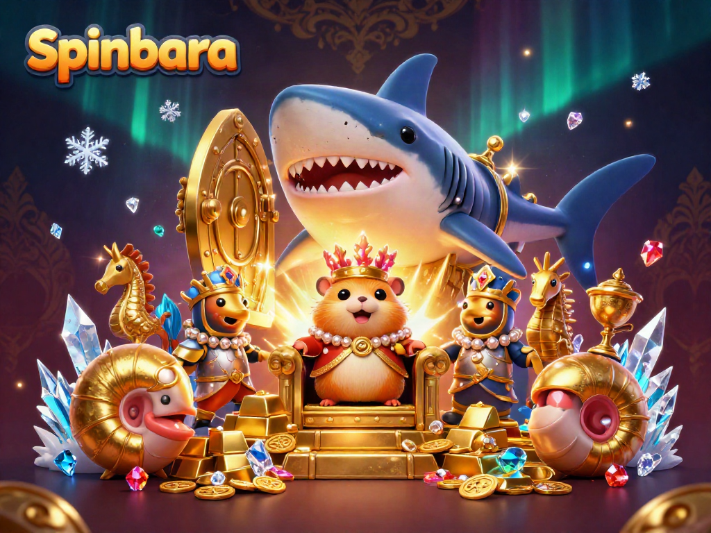 Spinbara's fierce golden hamster king reigning on a megalodon shark throne amidst bursting treasures.
