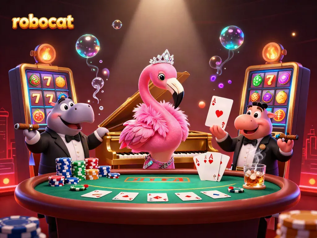 Engage with the vibrant robocat casino scene, highlighting poker action with colorful chips and slot machine elements.