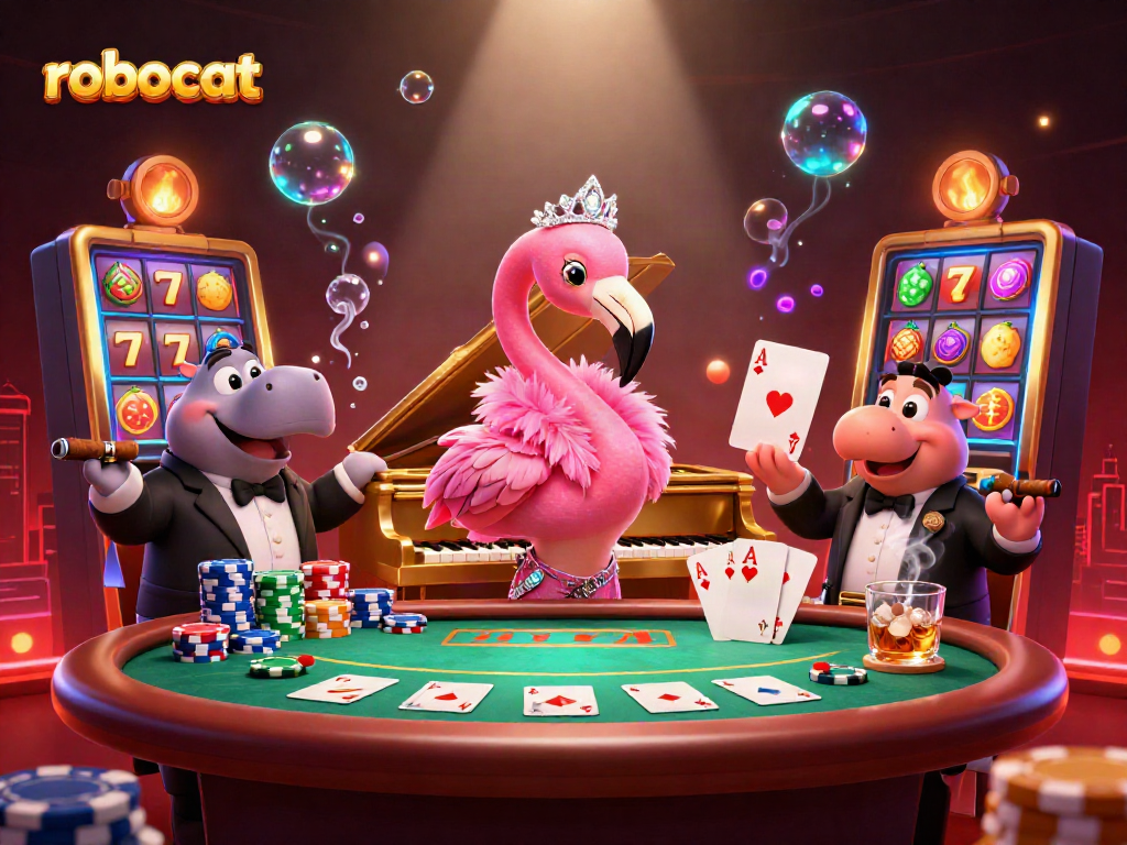 Engage with the vibrant robocat casino scene, highlighting poker action with colorful chips and slot machine elements.