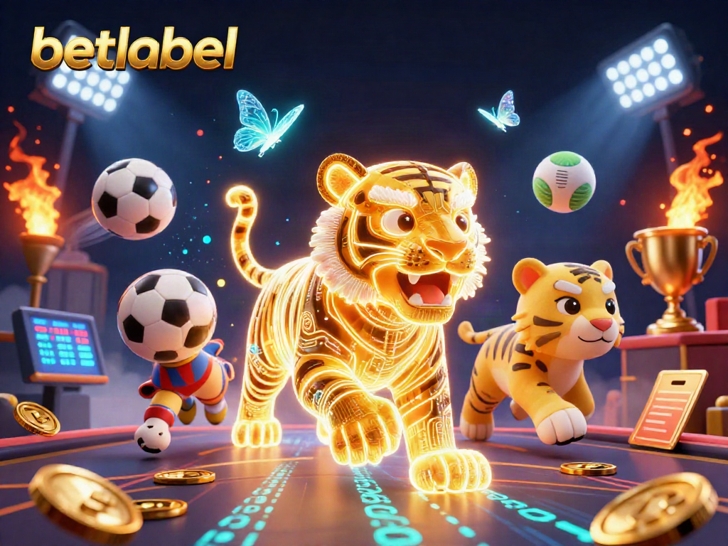 Experience thrilling gaming with betlabel's energetic casino scene featuring a glowing tiger and vibrant sports elements.