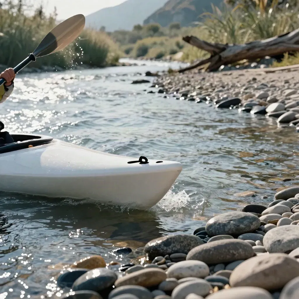 Proa de kayak blanco cortando un río en calma junto a una barra de cantos rodados.