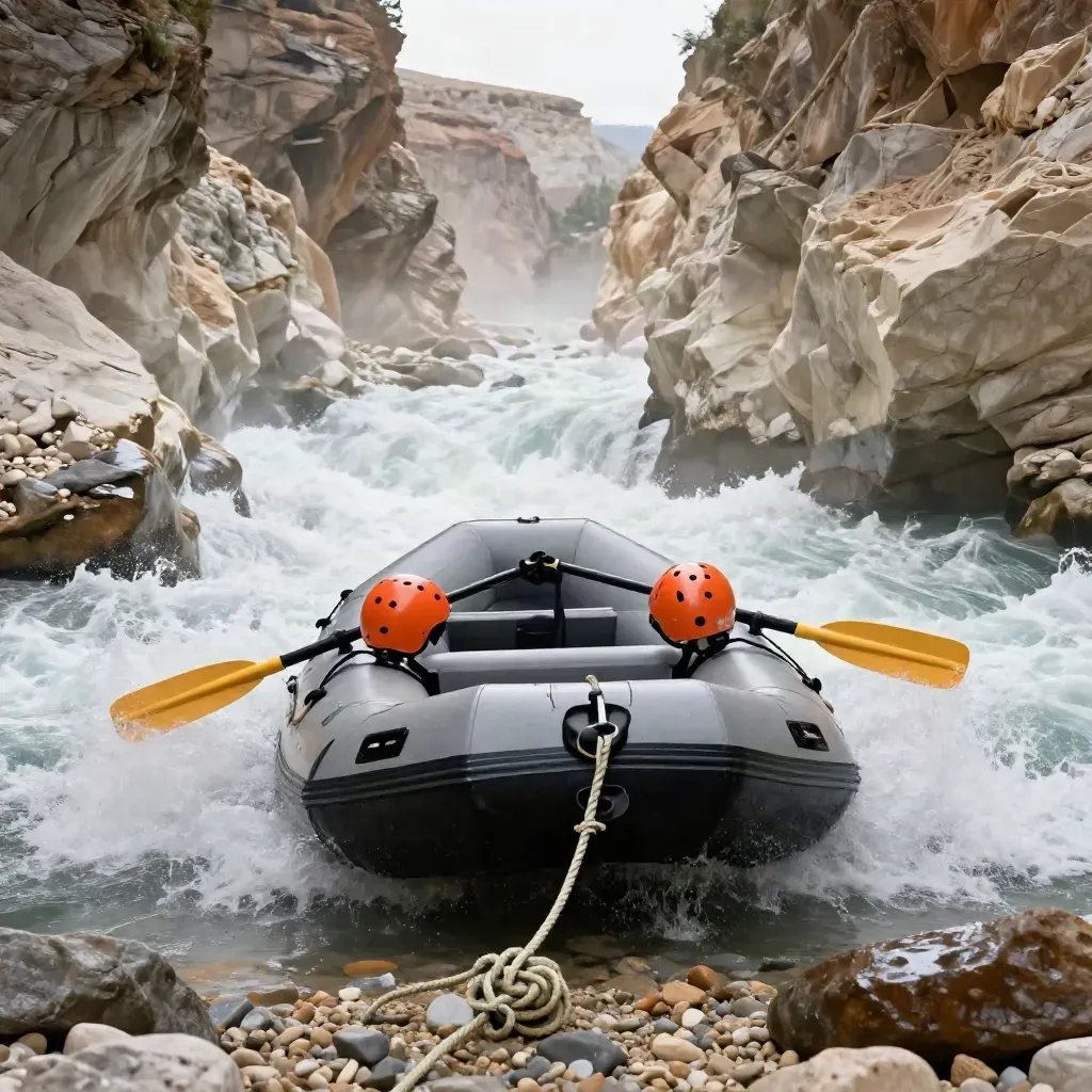 Balsa de rafting bajo una cascada, con cascos, remos y cuerda sobre roca mojada.