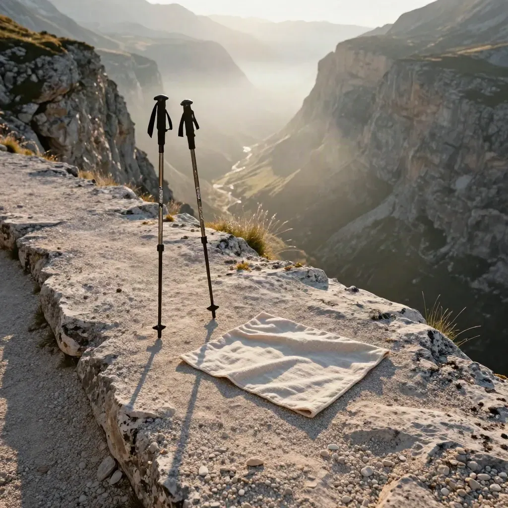 Mirador vacío en Ordesa con dos bastones de trekking y manta plegada sobre la roca al amanecer.