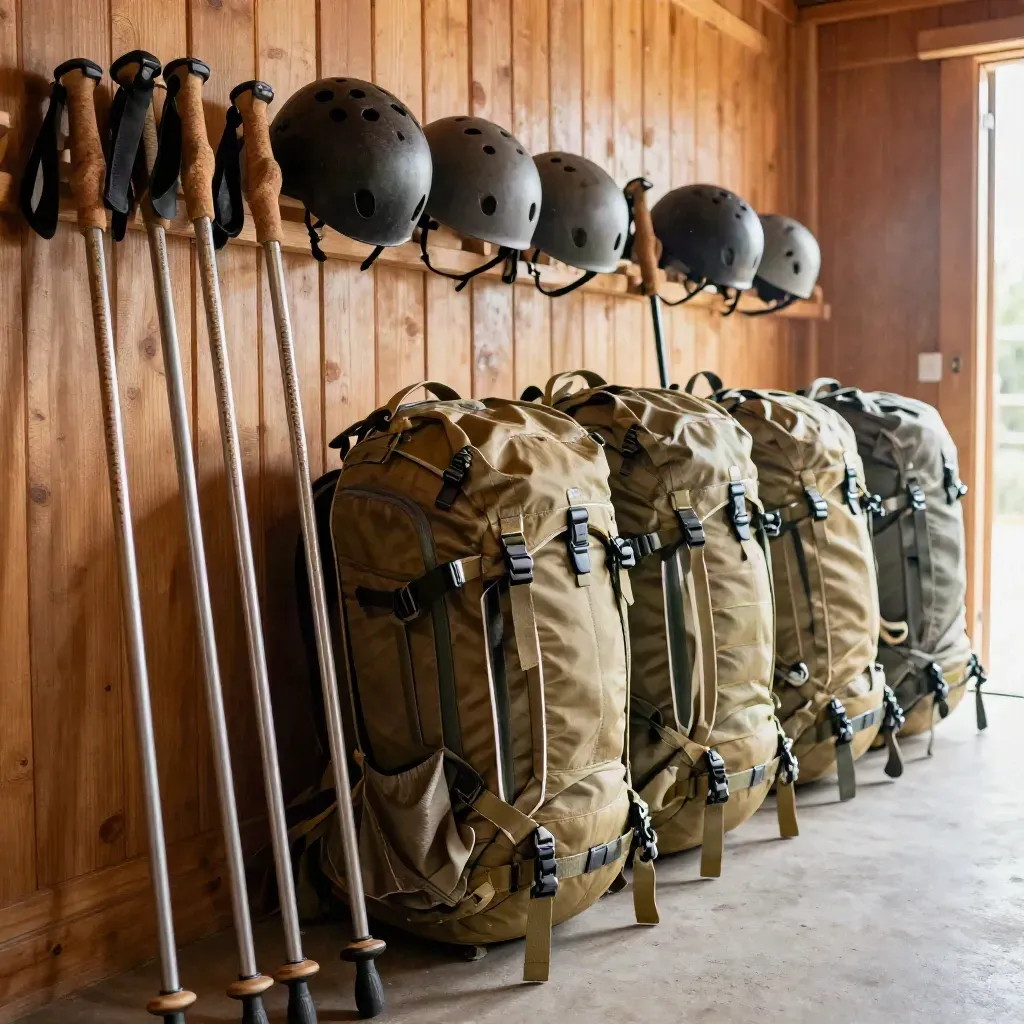 Rack de alquiler con bastones, cascos y mochilas en un cuarto de equipo de madera.