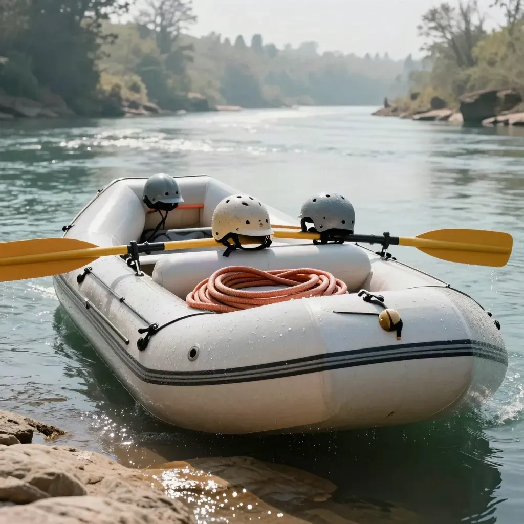 Balsa amarrada junto al agua turquesa, cascos apilados y remos sobre roca caliza.