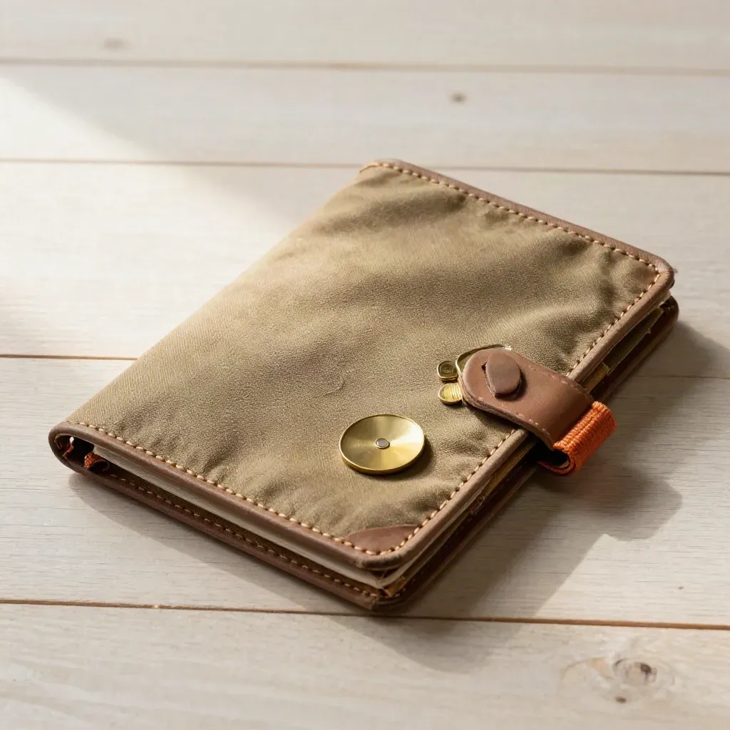 Folio de planificación, bolsa de lona y fichas de altitud sobre madera clara, luz suave.