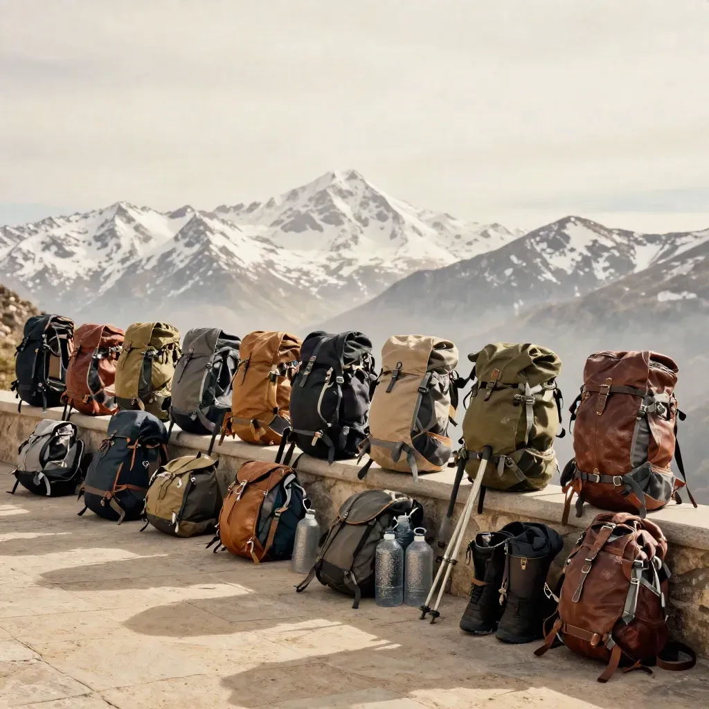 Terraza de salida en Sierra Nevada con mochilas, bastones y garrafas ante picos nevados.