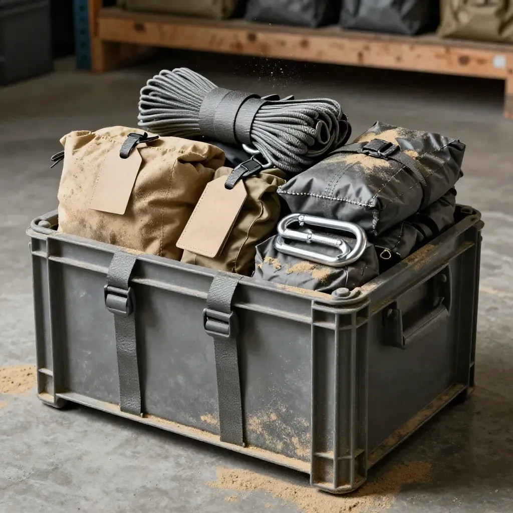 Caja de equipo de aventura con cinchas, bolsas estancas y mosquetones en un almacén