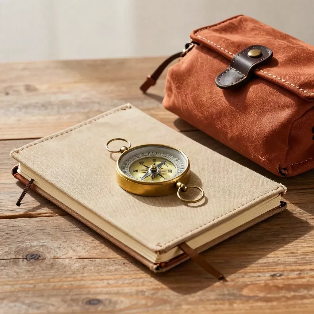 Cuaderno de viaje cerrado, brújula y funda de lona sobre madera de roble, luz suave.