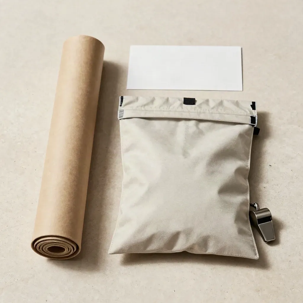 Flatlay de un tubo de ruta, bolsa seca y silbato sobre piedra clara.