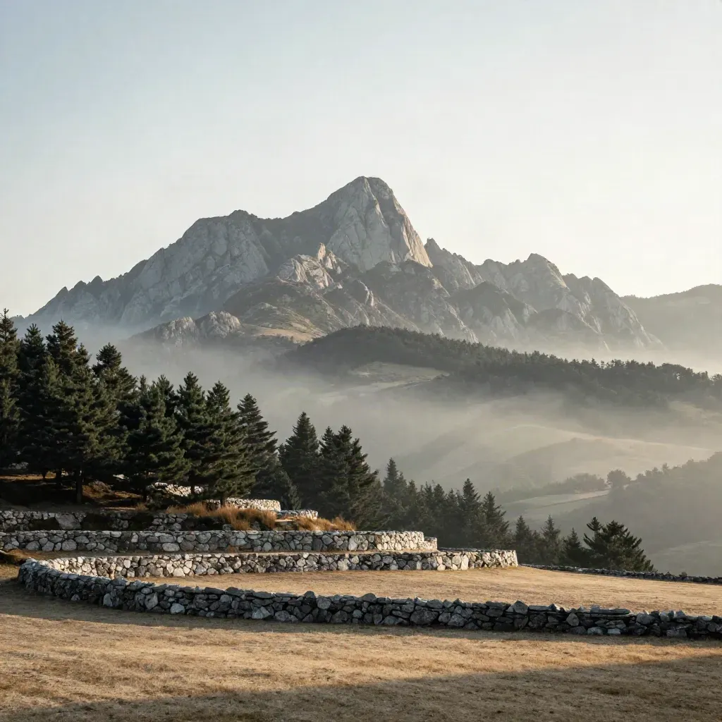 Montserrat al amanecer, con crestas rocosas, pinos en bruma y terrazas de piedra clara.