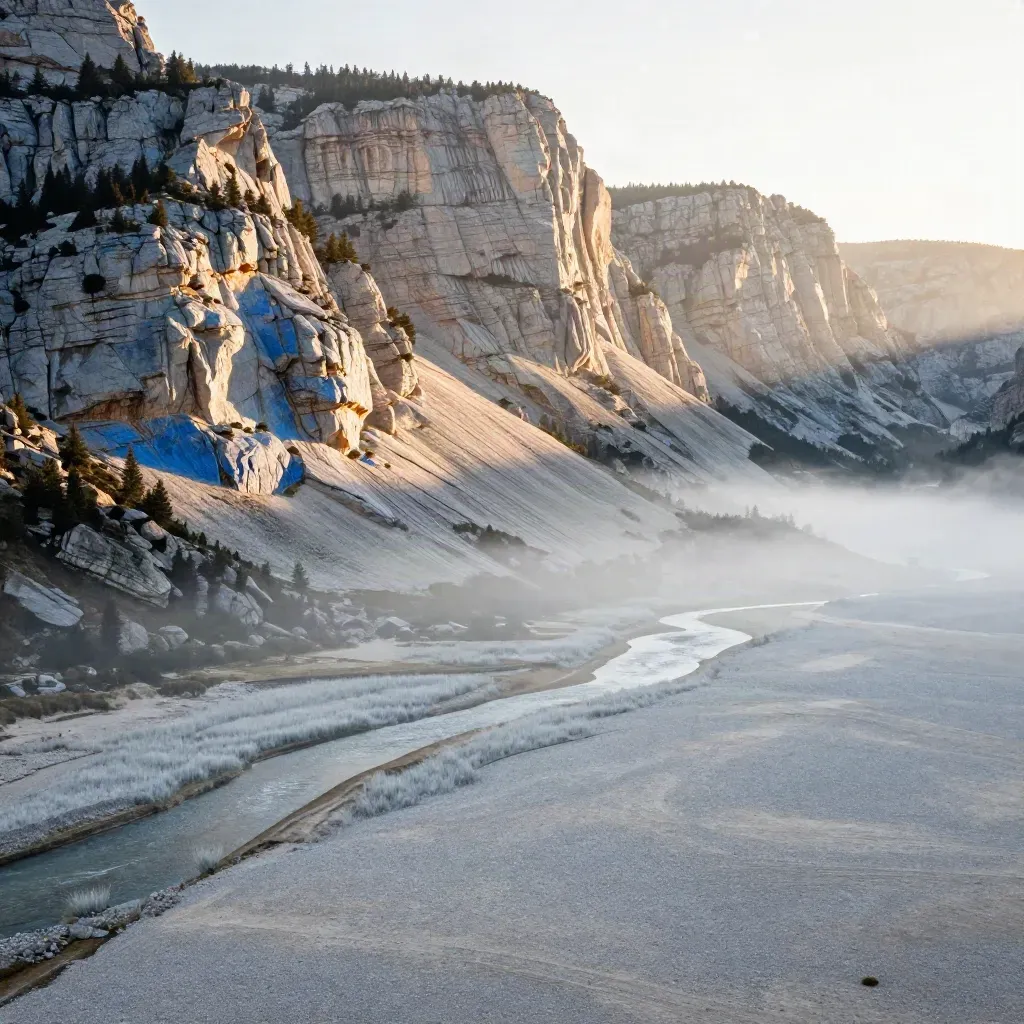 Paredes calcáreas de Ordesa sobre un valle con río plateado y niebla al amanecer.