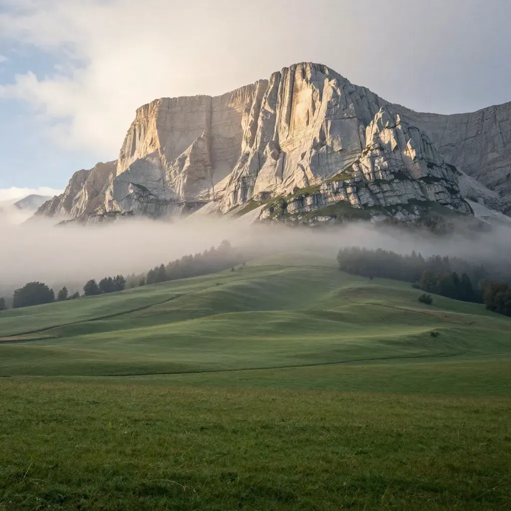 Acantilado de piedra caliza en Picos de Europa sobre prados verdes y niebla marina al atardecer.