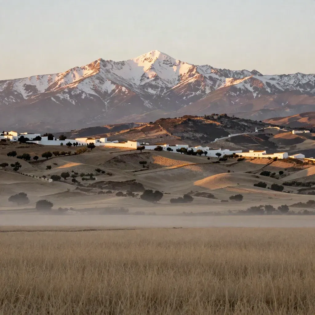 Sierra Nevada al atardecer sobre colinas de olivos y un caserío blanco lejano.
