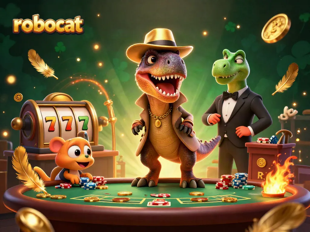 Experience thrilling action at Robocat Casino with velociraptor card counter and vibrant slot elements.